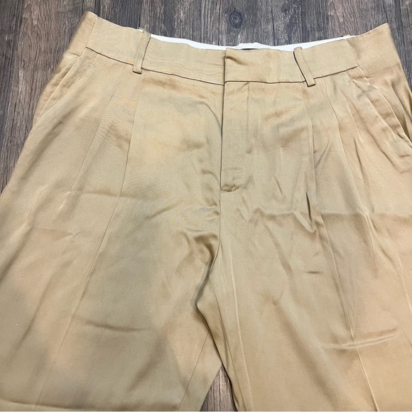 Zara Women's Wide Leg Mid Rise Front Pleated Beige Cotton Blend Pants Trouser XL - Picture 3 of 10